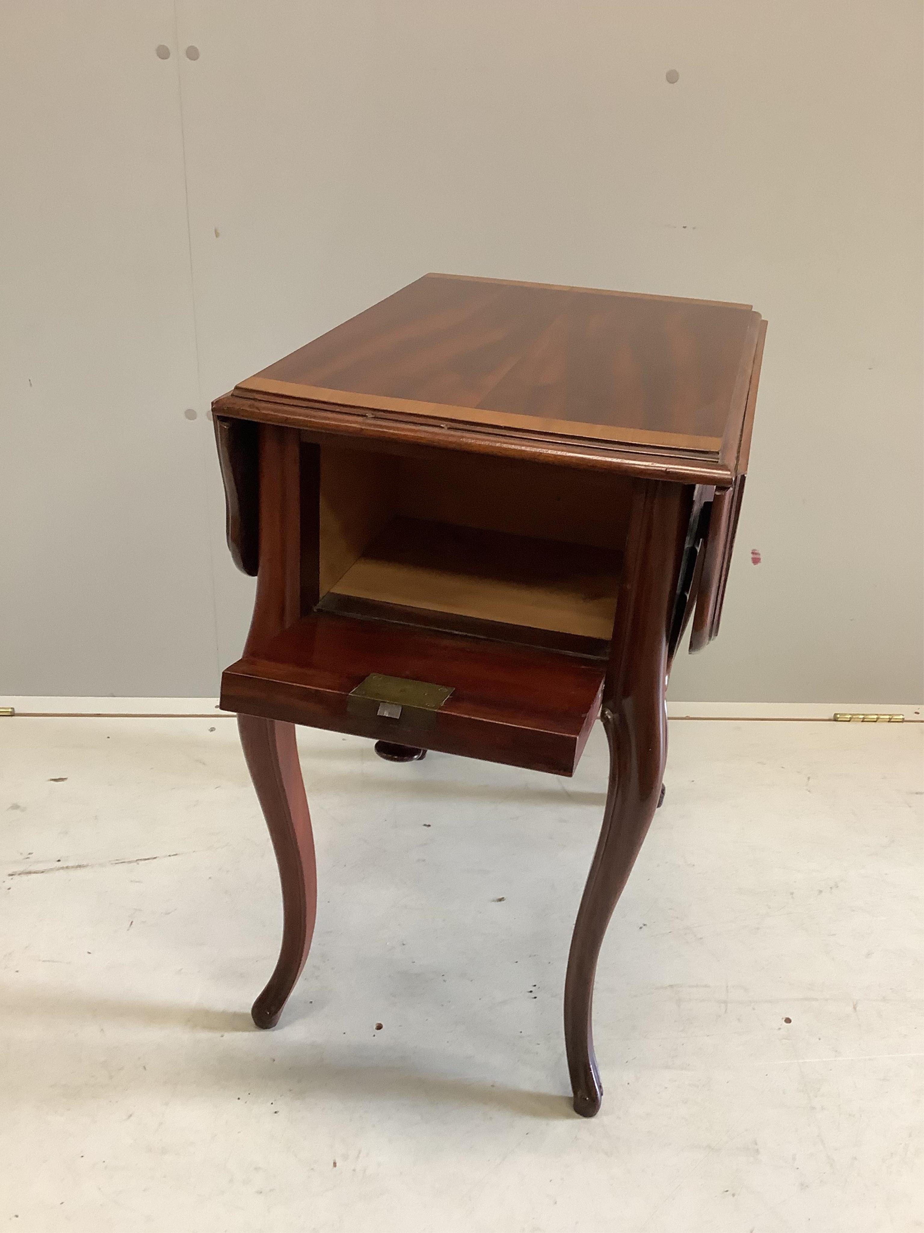 A 19th century French mahogany drop leaf occasional table, height 68cm, depth 56cm, width 41cm. Extended width - 83cm. Condition - good